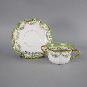 Limoges Tea Cup With Saucer Green Multi Hand Painted Porcelain Tea Cup W Saucer
